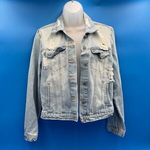 Love Tree Denim Distressed Light Wash Blue Jean Jacket‎ Medium Women